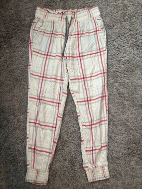 aerie White Plaid Lounge Pajama Pants with Red and Gray Stripes